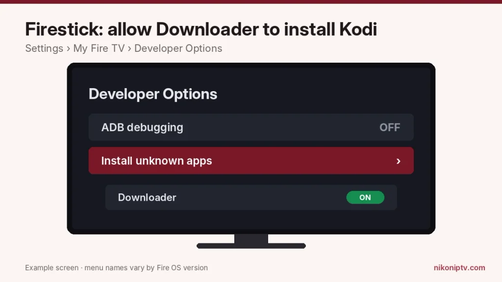 Firestick Developer Options with Install unknown apps turned on for Downloader