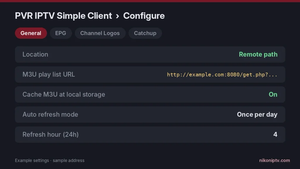 PVR IPTV Simple Client general settings with remote path M3U playlist URL